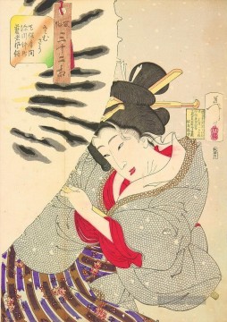 Der Auftritt eines fukagawa nakamichi geisha der Tempo Ära Tsukioka Yoshitoshi Japanisch Ölgemälde